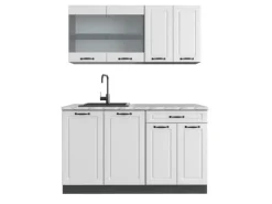 New Vicco R-Line Singleküche Weiß Landhaus/Anthrazit 140 cm AP Marmor ohne E-Geräte Single-Küchen