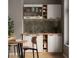 New Vicco R-Line Singleküche Weiß Landhaus/Goldkraft Eiche 160 cm AP Marmor ohne E-Geräte Single-Küchen|Miniküchen