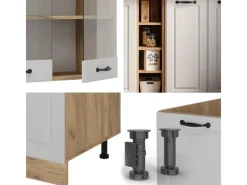 New Vicco R-Line Singleküche Weiß Landhaus/Goldkraft Eiche 160 cm AP Marmor ohne E-Geräte Single-Küchen|Miniküchen