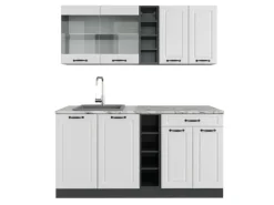 Vicco R-Line Singleküche Weiß Landhaus/Anthrazit 160 cm AP Marmor ohne E-Geräte Single-Küchen