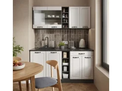 Clearance Vicco R-Line Singleküche Weiß Landhaus/Anthrazit 160 cm AP Eiche ohne E-Geräte Weiß Strukturiert