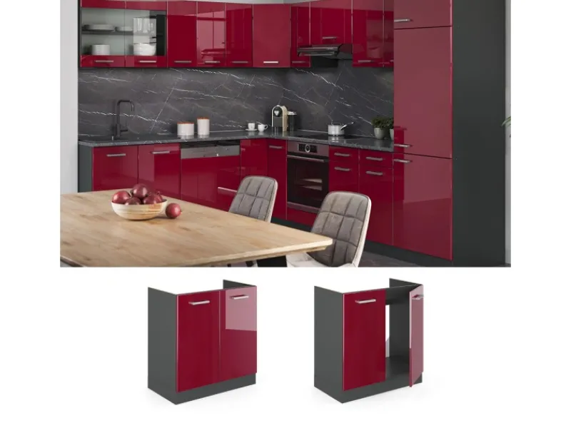 Outlet Vicco Spülenunterschrank R-Line Bordeaux Hochglanz/Anthrazit 80 cm AP Eiche Single-Küchen