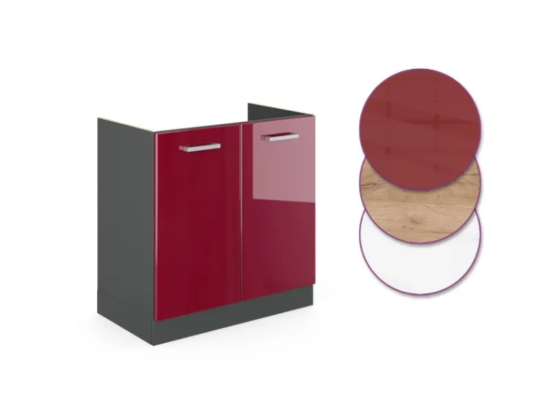 Outlet Vicco Spülenunterschrank R-Line Bordeaux Hochglanz/Anthrazit 80 cm AP Eiche Single-Küchen
