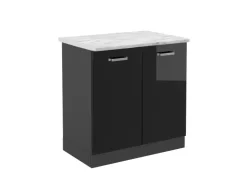 Outlet Vicco Spülenunterschrank R-Line Schwarz Hochglanz/Anthrazit 80 cm AP Marmor Schwarz Glänzend
