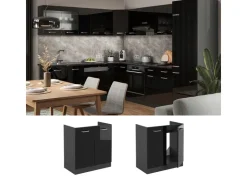 Outlet Vicco Spülenunterschrank R-Line Schwarz Hochglanz/Anthrazit 80 cm AP Marmor Schwarz Glänzend