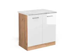 Vicco Spülenunterschrank R-Line Hochglanz/Goldkraft Eiche 80 cm AP Marmor Weiß