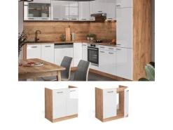 Vicco Spülenunterschrank R-Line Hochglanz/Goldkraft Eiche 80 cm AP Marmor Weiß
