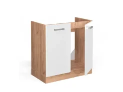 Vicco Spülenunterschrank R-Line Hochglanz/Goldkraft Eiche 80 cm AP Marmor Weiß