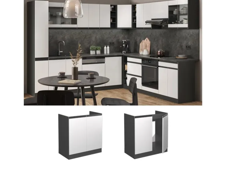 New Vicco Spülenunterschrank R-Line Blau-Grau/Goldkraft Eiche 80 cm AP Marmor Blaugrau
