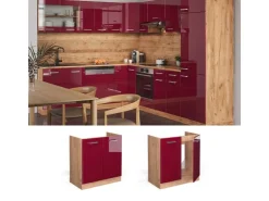 Clearance Vicco Spülenunterschrank R-Line Bordeaux Hochglanz/Goldkraft Eiche 80 cm AP Eiche Bordeaux-Glanz