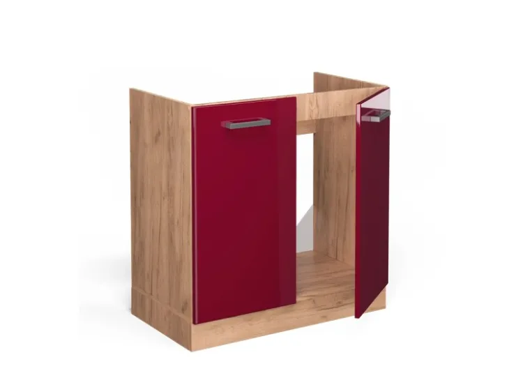 Clearance Vicco Spülenunterschrank R-Line Bordeaux Hochglanz/Goldkraft Eiche 80 cm AP Eiche Bordeaux-Glanz