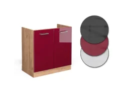 Clearance Vicco Spülenunterschrank R-Line Bordeaux Hochglanz/Goldkraft Eiche 80 cm AP Eiche Bordeaux-Glanz