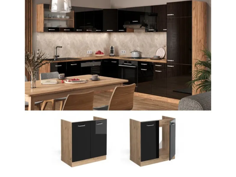 Discount Vicco Spülenunterschrank R-Line Schwarz Hochglanz/Goldkraft Eiche 80 cm AP Marmor Zubehör Für Küchenarmatur