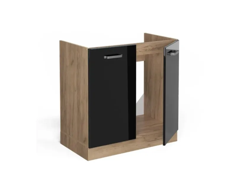 Discount Vicco Spülenunterschrank R-Line Schwarz Hochglanz/Goldkraft Eiche 80 cm AP Marmor Zubehör Für Küchenarmatur