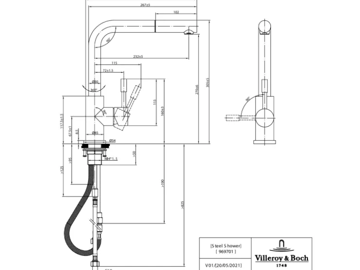 Villeroy & Boch Einhebelmischer<Küchenarmatur Steel Shower Hochdruck-Armatur Ausziehbare Brause Wassersparend Edelstahl Massiv