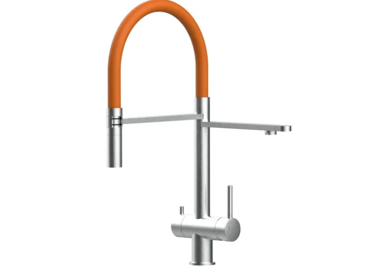 VIZIO 3 Wege Wasserhahn Küchenarmatur Edelstahl Massiv mit 360° Schwenkbarem Auslauf Abnehmbare 2 Strahl Handbrause Gebürstet Blau Einhebelmischer