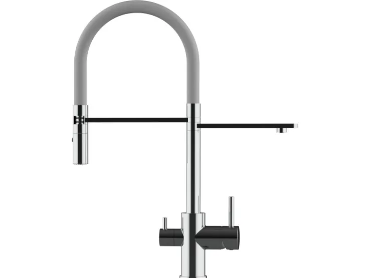 VIZIO 3 Wege Wasserhahn Küchenarmatur FL mit 360° Schwenkbarem Auslauf Abnehmbare 2 Strahl Handbrause Verchromt Grau