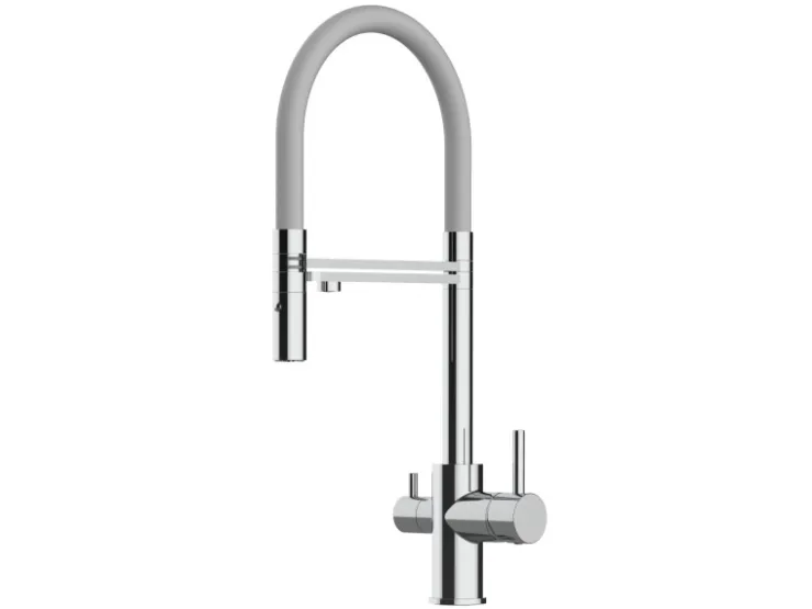 VIZIO 3 Wege Wasserhahn Küchenarmatur FL mit 360° Schwenkbarem Auslauf Abnehmbare 2 Strahl Handbrause Verchromt Grau
