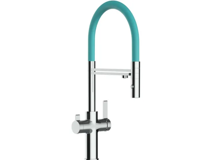 VIZIO 4 Wege Wasserhahn Küchenarmatur BOD mit 360° Schwenkbarem Auslauf Abnehmbare 2 Strahl Handbrause Schwarz Matt Türkis