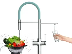 VIZIO 4 Wege Wasserhahn Küchenarmatur BOD mit 360° Schwenkbarem Auslauf Abnehmbare 2 Strahl Handbrause Schwarz Matt Türkis