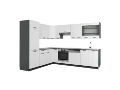 Winkelküchen<Vicco Fame-Line Eckküche Weiß Landhaus/Anthrazit 227 x 60 cm ohne Arbeitsplatte ohne E-Geräte Weiß Strukturiert