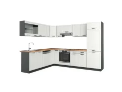 Winkelküchen<Vicco R-Line Eckküche Weiß Landhaus/Anthrazit 227 x 287 cm AP Eiche ohne E-Geräte Weiß Strukturiert